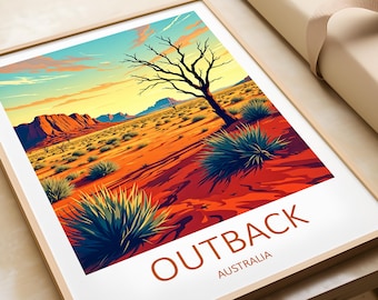 Op de afbeelding: Een ingelijste print met een kleurrijke illustratie van een woestijnlandschap met een eenzame boom en de tekst "OUTBACK AUSTRALIA".