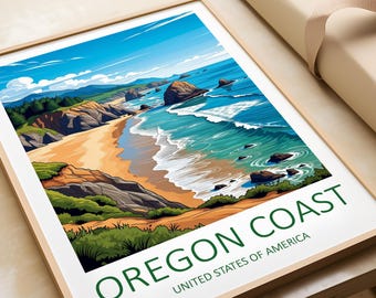Könnte beinhalten: Gerahmter Kunstdruck mit einer lebendigen Darstellung der Oregon Coast. Das Kunstwerk zeigt einen Sandstrand, türkisfarbene Meereswellen und felsige Klippen unter einem strahlend blauen Himmel. Die Worte "OREGON COAST" und "UNITED STATES OF AMERICA" sind unten gedruckt.