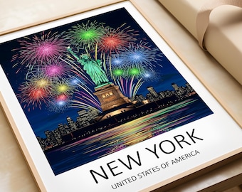 New York City Travel Print: Statue of Liberty Skyline Art