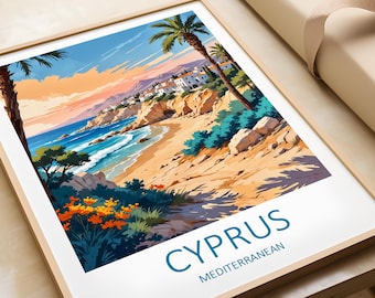 Pôster de viagem para Chipre – Impressão artística da costa mediterrânea
