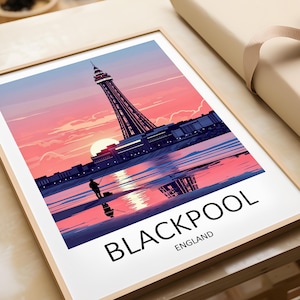 Blackpool Tower Travel Print: Pink Sunset, Lancashire, England