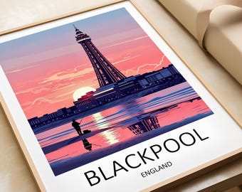 Blackpool Tower Travel Print: Pink Sunset, Lancashire, England