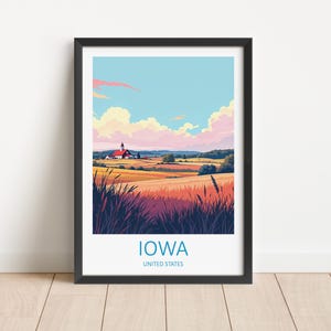 Stampa di viaggio Iowa - Regalo per gli amanti dell'arte murale degli Stati Uniti Poster Iowa Regalo di compleanno Decorazione per la casa Poster di viaggio Illustrazione di paesaggio dell'Iowa