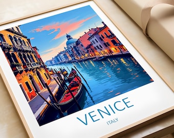 May include: Framed art print featuring a vibrant depiction of Venice, Italy. The artwork showcases colorful buildings along a canal, gondolas, and a bright blue sky. The word "VENICE" and "ITALY" are printed in teal at the bottom of the print.