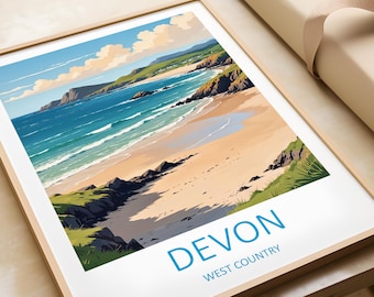Devon Travel Print - West Country UK Devon Wall Art Lover GIft's Home Decor Wall Hanging Poster Devon Beach Print Travel Memory Gift For Her