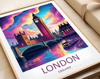 London Travel Poster: Big Ben & London Bridge Art Print