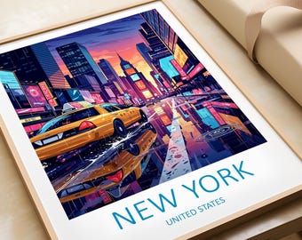 May include: Framed art print depicting a vibrant New York City street scene. A yellow taxi splashes through a puddle, reflecting the colorful cityscape. The print features the text "NEW YORK" and "UNITED STATES" in blue.