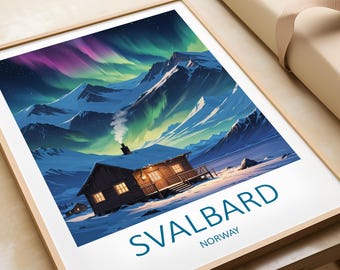 May include: A framed print of a cabin in a snowy mountain landscape with the aurora borealis in the sky. The text "SVALBARD NORWAY" is printed below the image.