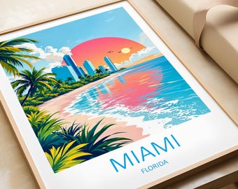 May include: A colorful illustration of the Miami skyline with palm trees and a beach. The text "MIAMI FLORIDA" is at the bottom of the image.