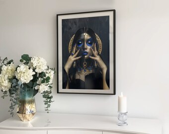 Gold Blue Woman Print · Gold Blue Art Print · Gold Blue Wall Art · Woman Poster · Black Poster · Woman Wall Art · Gold Blue Decor