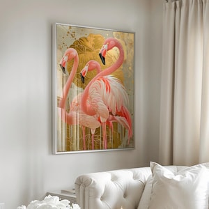 Impression d'art mural japonais flamants roses, art mural flamants roses et or, décoration rose et or, impression d'art mural glamour, art mural maximaliste