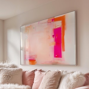 Impresión de pintura con acentos de colores rosa suave y neón, arte de pared rosa brillante, arte moderno, minimalista, arte de pared grande, sin marco, enmarcado, lienzo