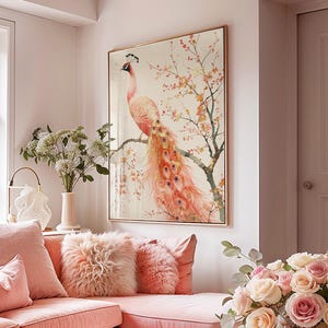 Paon japonais rose et or sur fond crème · Art mural japonais rose · Impression paon japonais · Décoration rose · Impression d'art mural glamour