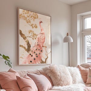 Impression d'art murale japonaise paon rose et or · Art mural rose et crème · Art Japandi · Décoration rose et or · Impression d'art mural glamour
