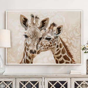 Mother and Child Giraffe Wall Art Print, Giraffe in Love, Giraffe Family Painting Print, Neutral Wall Art, Beige Wall Art, Unframed Print
