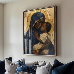 Afroamerikanerjungfrau Maria und Jesuskinddruck, schwarze Jungfrau-Maria-Wandkunst, Mutter Christi, schwarze Madonna, UNGERAHMT, GERAHMT, LEINWAND