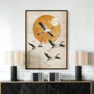 Impresión de arte mural japonés de grullas · Pintura solar dorada · Impresión de grullas japonesas · Póster blanco y dorado · Arte mural vintage · Arte japonés · Luna