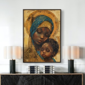 African American Virgin Mary and Baby Jesus Wall Art, Black Virgin Mary,Mother Of Christ, Black Madonna (UNFRAMED, FRAMED, CANVAS - Prints )
