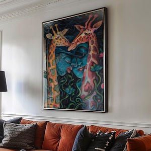 Giraffen Liebhaber Wand Kunst Druck, Liebende Ölgemälde Druck, Giraffen Wand Kunst, Bunter Druck, Geschenk für ein Paar, Geburtstagsgeschenk