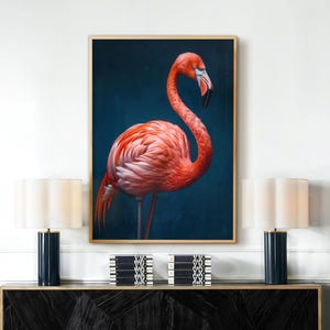 Impresión de arte mural de flamenco sobre fondo azul, póster de flamenco, decoración maximalista, arte mural grande, decoración ecléctica, azul marino, impresión sin marco