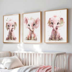 Impressions d'éléphants mignons, lot de 3 impressions pour chambre d'enfant, oeuvre d'art murale pour chambre d'enfant, affiches de chambre de bébé, impressions murales de chambre d'enfant, impressions d'éléphants roses
