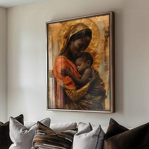 African American Virgin Mary and Baby Jesus Print, Black Virgin Mary Wall Art, Mother Of Christ, Black Madonna, UNFRAMED, FRAMED, CANVAS