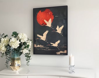Gold Red Japanese Crane Birds ·  Red and Gold Japanese Wall Art · Cranes Japanese Print · Red Decor · Maximalist Wall Art · Large Wall Art
