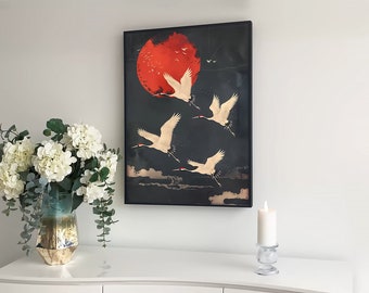 Goud Rode Japanse Kraanvogels · Rode en Gouden Japanse Muurkunst · Japanse Kraanvogels · Rood Decor · Maximalistische Muurkunst · Grote Muurkunst