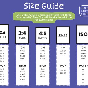 May include: A size guide for printable digital art prints. The guide shows different aspect ratios and corresponding measurements in centimeters and inches. The guide also includes standard paper sizes like A1, A2, A3, A4, A5, and A6.