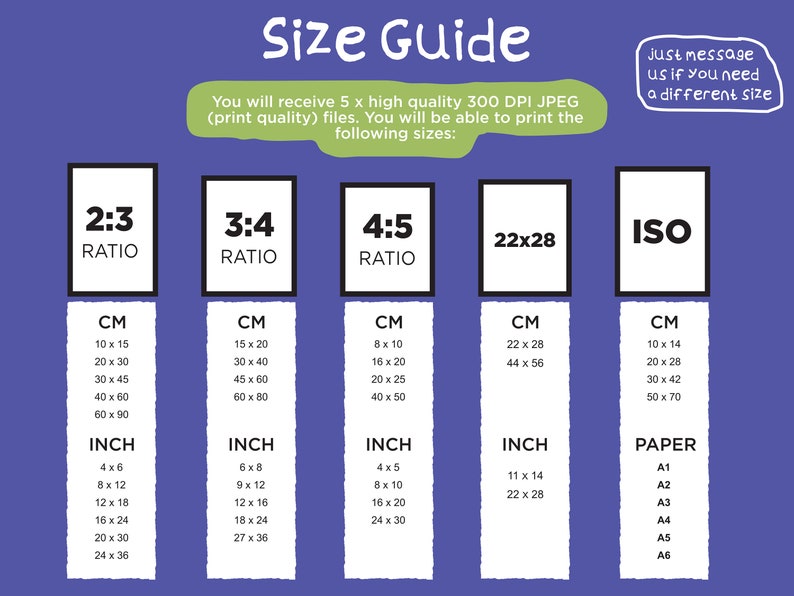 May include: A size guide for printable digital art prints. The guide shows different aspect ratios and corresponding measurements in centimeters and inches. The guide also includes standard paper sizes like A1, A2, A3, A4, A5, and A6.