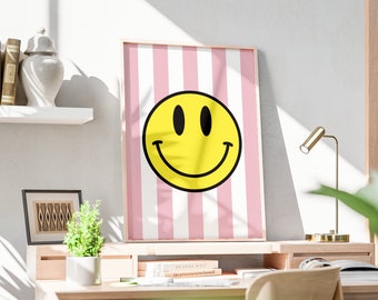 Smiley Smile Y2K Print | Pink & White Stripe | Retro Print | Printable Wall Art | Music Wall Art | Kitchen Print Hallway Print