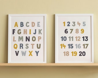 Set of 2 Educational Nursery Prints, Alphabet Chart, Numbers Chart, Scandi Nursery Decor, Playroom Prints | Toddler Bedroom | Kids Prints