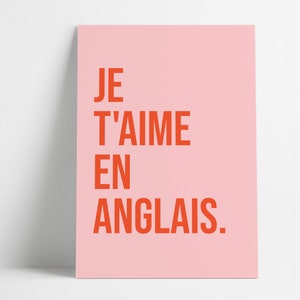 I Love You in French Print | French Wall Art | Retro Print | Digital Download | Printable Art | Typography Print | Pink & Orange | English