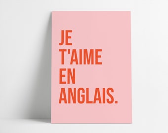 I Love You in French Print | French Wall Art | Retro Print | Digital Download | Printable Art | Typography Print | Pink & Orange | English