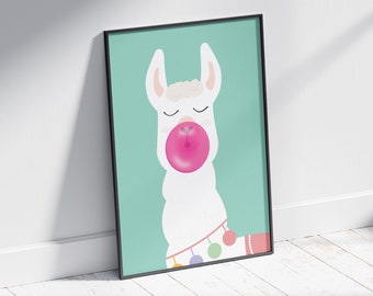 Alpaca Bubble-Gum Illustrated Art Print | Lama Print | Kids Bedroom Print | Animal Illustration Art | Bubble-gum Art | Fun Print