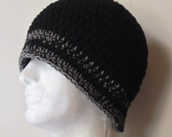 Crochet Beanie Skullcap Hat: Black and Grey - Men Women Teens Unisex
