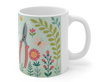 Gardening Mug, Garden Tools Coffee Cup, Gardener Gift, Ceramic Tea Mug, Plant Lover Kitchen Decor, Farmhouse Coffee Mug