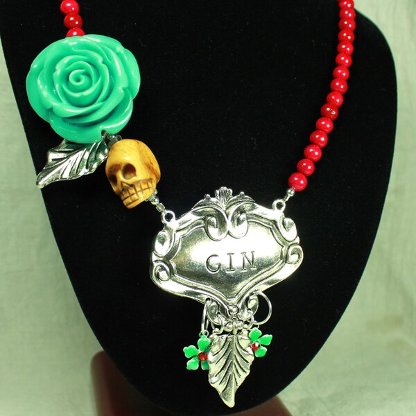 Gin, Flowers and Skull Necklace in Turquoise and Pink