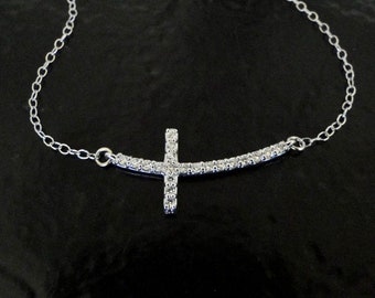 Diamond Sideways Cross Necklace 14k White Gold, Curved Cross With Genuine Diamonds One-of-a-Kind