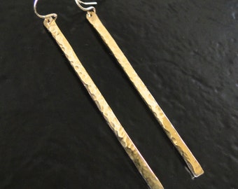 14K GOLD Bar Earrings - Long Stick Earrings Hand Forged, Hammered or Smooth,  14K Yellow, Rose, or White Gold Skinny Bar Dangle