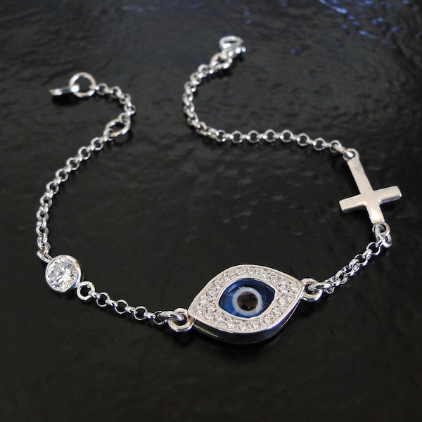 Evil Eye Sideways Cross Bracelet,  CZ Bracelet As Seen On Kim Kardashian And Kelly Ripa - Celebrity Style, Sterling Silver