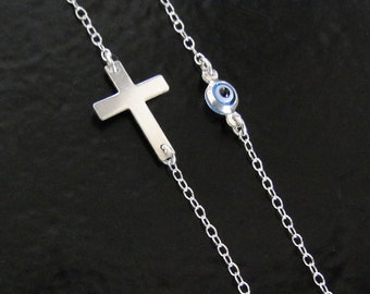 Sideways Cross And Evil Eye Necklace, Sterling Silver