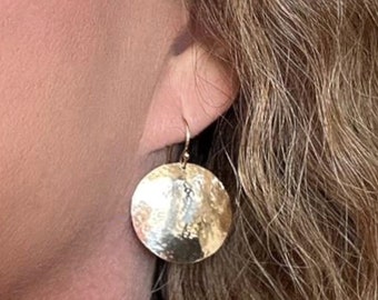Gold Disc Earrings - 14k Gold or Gold Filled - 15mm, 18mm or 23mm Hammered & Domed Dangle, Drop Earrings, One Pair