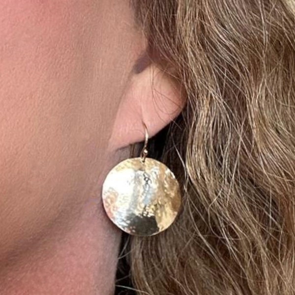 Gold Disc Earrings - 14k Gold or Gold Filled - 15mm, 18mm or 23mm Hammered & Domed Dangle, Drop Earrings, One Pair