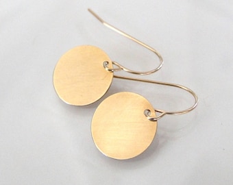 14K Gold Earrings Small Gold Disc Circle Drop, Dangle Earrings in Yellow or White Gold, Tiny Baubles