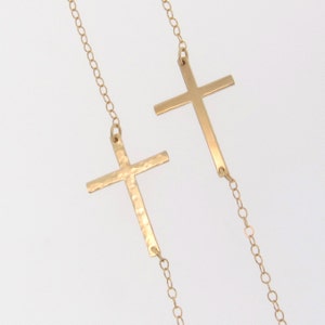 Sideways Cross Necklace, 14k Gold Filled, Rose Gold Filled, or Sterling Silver, Hammered or Smooth Finish, Kelly Ripa Cross Necklace