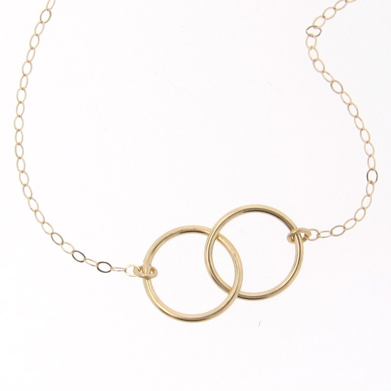 Interlocking Circles Necklace Double 10mm Rings in 14K Yellow, White Gold, or TWO Tone 1mm Thick Rings image 1