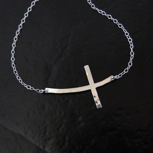 Curved Sideways Cross Necklace, Sterling Silver, Gold Filled, Rose Gold Filled, 14k Yellow, White, or Rose Gold - Hammered