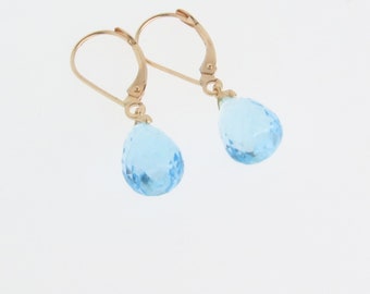 Blue Topaz 14K Yellow or White Gold Drop Earrings, Faceted Briolettes