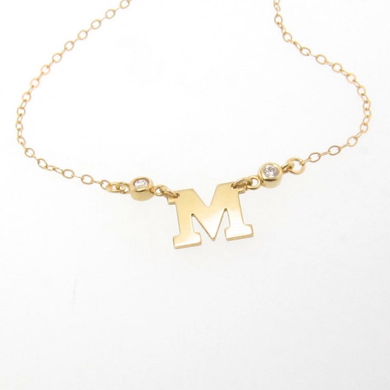 Items similar to Gold Initial Necklace With Diamonds - 14K SOLID GOLD ...